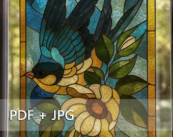 Mönster av målat glas med svala och blomma – realistisk och genomförbar design | PDF + JPG-nedladdning