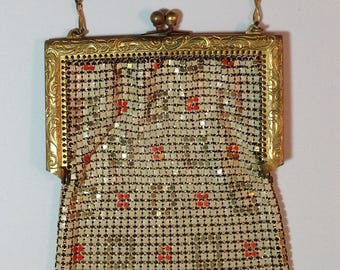 Vintage Whiting & Davis purse, tan/orange/gold enamel mesh bag, Art Deco