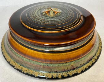 Ceramic box with lid, round, striped, earth tones, ~ 7.25"d X 2.5"h