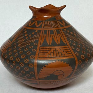Signed Vase, pottery seed pot, Maria Mora, ~ 5"d X 4.5"h