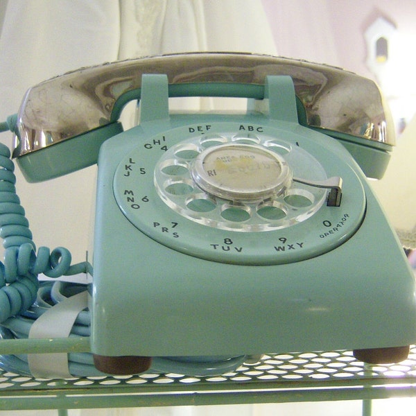 Vintage Turquoise - Aqua Rotary Dial Telephone with Silverplate Receiver Cover