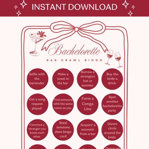 Può includere: Scheda di gioco del bingo Bachelorette Bar Crawl bordeaux e bianco. La scheda presenta illustrazioni di cocktail e calici, con varie attività divertenti elencate in cerchi bordeaux, come "Selfie con il barista" e "Balla su una superficie rialzata".