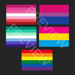 Pode incluir: Uma coleção de cinco bandeiras coloridas, cada uma representando diferentes identidades LGBTQ+. As bandeiras apresentam vários designs, incluindo listras e combinações de cores como rosa, roxo, azul, verde, amarelo e vermelho, em um fundo escuro.
