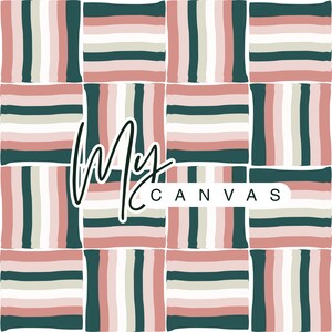 Puede incluir: Patrón cuadrado repetido con bloques de rayas rosas, blancas, verdes y beige. El texto "My Canvas" está escrito en cursiva sobre el diseño.