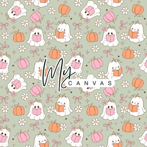 Peut inclure: Motif répété avec des fantômes de dessins animés lisant des livres, des citrouilles, des nœuds et des fleurs dans des tons de blanc, orange, rose et vert. Le texte "My Canvas" est également présent.