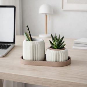May include: A white ribbed cylindrical pencil holder and a matching white ribbed planter containing a green succulent, both resting on an oval tan tray. The pencil holder contains a black pencil and a light green pen, set on a wooden desk surface.