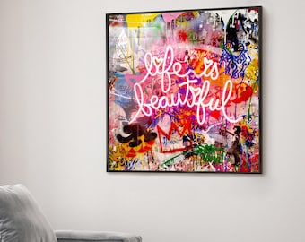 Neon Banksy Graffiti Canvas Wall Art, Modern Urban Street Art Print for Living Room Decor