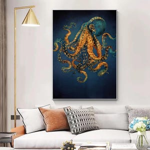 Gold Octopus Canvas Print, Octopus Wall Art, Modern Gift Art, Framed Wall Decor, Ready to Hang Canvas