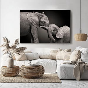 Elephants Wall Art, Animal Canvas Art Print, Framed Canvas Art, Modern Animal Lover Gift, B&W Animal Decor