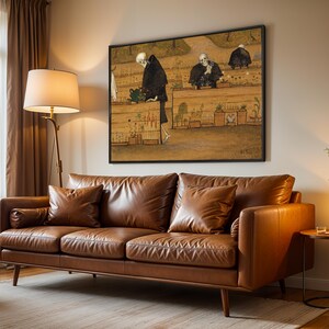 May include: A brown leather sofa with two matching cushions and a bolster cushion. A framed artwork hangs above the sofa, depicting figures in a garden. A floor lamp with a beige lampshade and a small side table with a candle complete the living room setting.