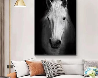 Pferd Wandbild, Tier Leinwand Kunst, gerahmter Leinwanddruck, modernes Geschenk für Pferdeliebhaber, Schwarzweiß-Tierdekor