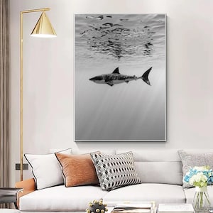 Shark Artwork on Canvas, Ocean Wildlife Wall Decor, Realistic Great White Shark Print, Nautical Art for Sea Lovers