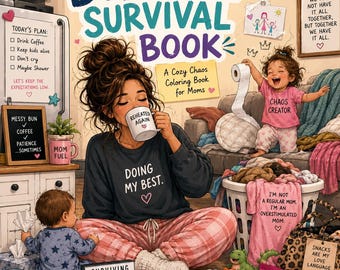 May include: An illustrated book cover titled "MOM BURNOUT SURVIVAL BOOK" with a woman drinking coffee, surrounded by children and household items. The image includes text like "Doing My Best," "Chaos Creator," and "Mom's Snacks." The overall theme is motherhood and self-care.