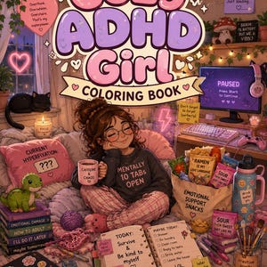 May include: A cozy illustration of a coloring book titled "Cozy ADHD Girl." The image features a person relaxing with a mug, surrounded by snacks, a journal, and a computer. The scene is filled with soft colors and whimsical details, creating a comforting atmosphere.