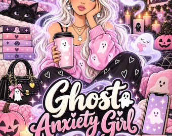 May include: An adult coloring book titled Ghost Anxiety Girl from the Boss Babe Monsters Halloween Collection. The cover features an illustration of a person with long white hair, a pink ghost-patterned sweater, and a cup, surrounded by ghosts.