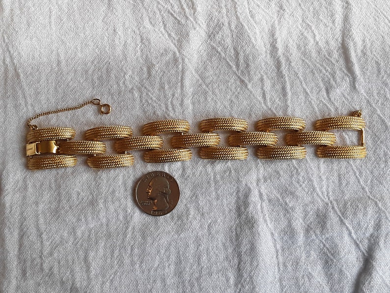Cocktail Chunky Statement Piece Vintage Signed MONET Wide Curb Chain Textured Gold Toned Bracelet \u2013 Marked \u2013 Includes Safety Chain
