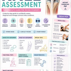 May include: A comprehensive guide for physio students, titled "Knee Assessment." The guide includes sections on subjective and objective assessment, special tests, rehab principles, and more. Features diagrams and text, with a UK-focused design.