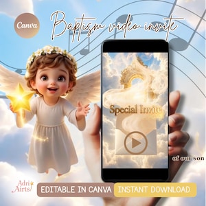 Può includere: Un invito video di battesimo digitale con un angelo dei cartoni animati che tiene una stella, con il testo "Baptism video invite" e "Special Invite". L'invito è visualizzato su uno smartphone, con le parole "EDITABLE IN CANVA" e "INSTANT DOWNLOAD".