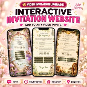 Peut inclure: Trois smartphones affichent des sites web d'invitation interactifs avec des comptes à rebours, des détails d'événement et des boutons RSVP. Les écrans présentent des thèmes avec une fée, un lapin et des lions, et le texte A Little Note for our guests.