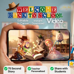 May include: A digital display showing a scene with animated characters including a cowboy, a space ranger, a wolf, a girl in a pink dress, and an egg-shaped character reading a book. The text reads Welcome Back To School Video, Editable in Canva, Instant Download, 75 Second Story, Teacher Personalized, and Share with Students.