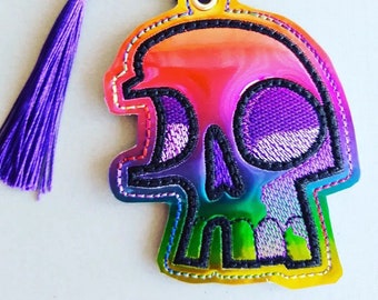 Embroidered vinyl - Rainbow Skull - Bookmark or Ornament