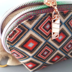Cosmetic Zipper Bag - Geometric print squares - Pink and Tan