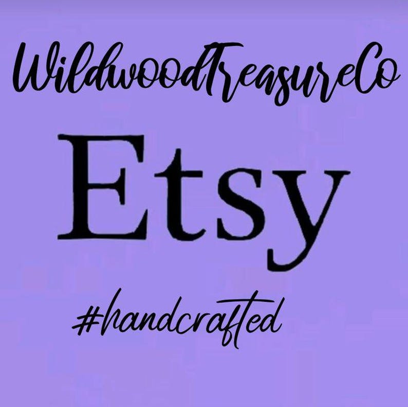 May include: Purple background with the text "WildwoodtreasureCo Etsy #handcrafted" in black.