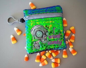 I want candy - Zombie embroidered small zipper bag