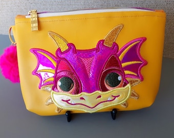 Baby Dragon in fuchsia - Embroidered vinyl purse