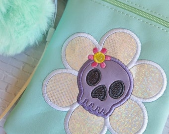 Skull Daisy Wristlet Purse with pompom keychain