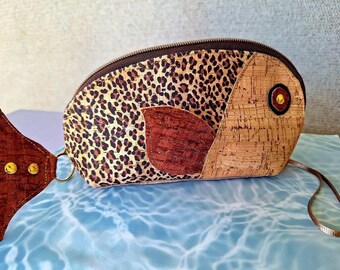 Fish shaped Purse - leopard print cork