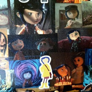May include: A collage of images featuring characters from the movie "Coraline". The collage includes images of Coraline, the Other Mother, and other characters from the film. The images are arranged in a random pattern and are surrounded by a black background.