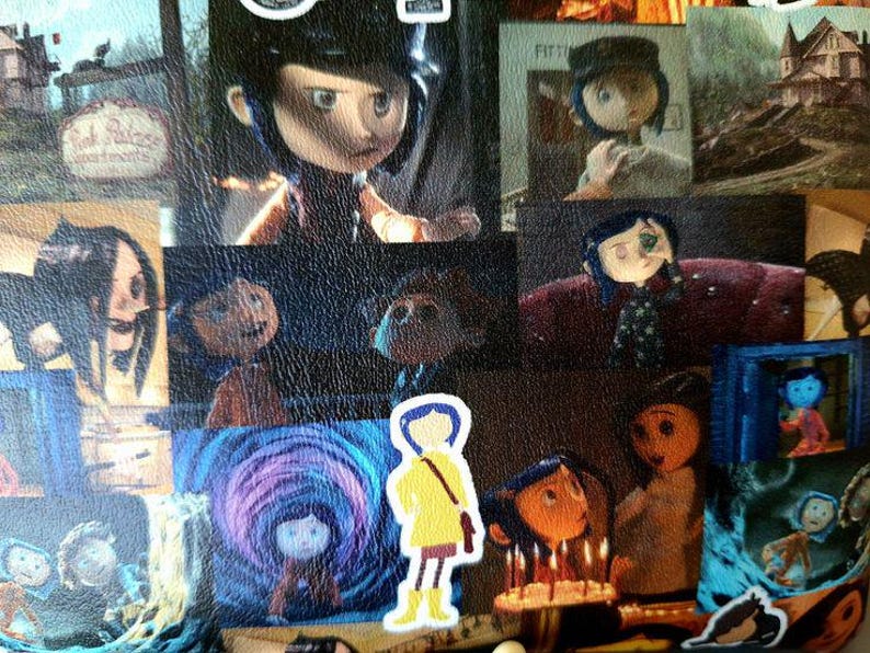 May include: A collage of images featuring characters from the movie "Coraline". The collage includes images of Coraline, the Other Mother, and other characters from the film. The images are arranged in a random pattern and are surrounded by a black background.