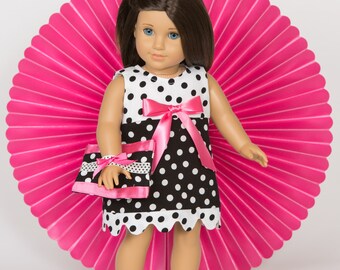 Black and White Dotted Dress with Scalloped Hem, Purse for 18-Inch Doll