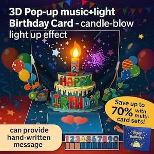 3D Pop-Up Music & Light Birthday Card, Interactive Candle Blow Light-Up Effect