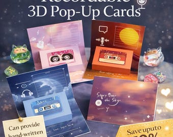 Recordable 3D Pop-Up Card Set | Voice Message Greeting Cards | Cute-Cassette Design | Personalized Audio Card
