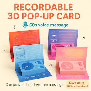 Könnte beinhalten: Eine Sammlung farbenfroher 3D-Pop-up-Karten mit Retro-Radio-Design. Die Karten sind in Rot-, Blau-, Rosa- und Lilatönen gehalten. Auf den Karten steht "Recordable 3D Pop-Up Card" und "60s voice message".