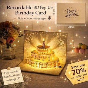 Può includere: Un biglietto di compleanno pop-up 3D con un design a torta, illuminato con luci calde. Il biglietto è largo 20 cm e alto 15 cm, con le parole "Happy Birthday" illuminate. Può registrare un messaggio vocale di 30 secondi.