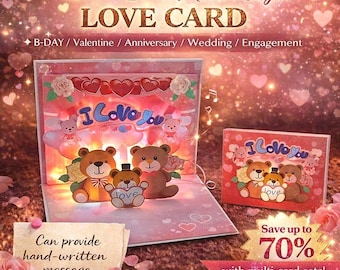 Tarjeta de amor 3D emergente con música y luz: regalo romántico para San Valentín, aniversario, boda y cumpleaños.