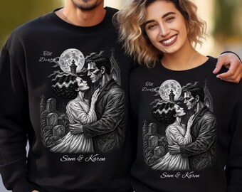 Personalized Gothic Couple Sweatshirt, Custom Names & Date, Dark Romance Anniversary Gift, Goth Wedding Halloween Couple Shirt