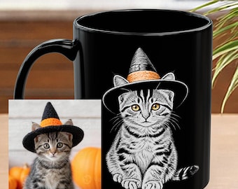 Custom Halloween Cat Mug, Personalized Pet Portrait From Photo, Cat Lover Gift