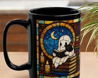Cute Ghost Mug, Personalized Stained Glass Halloween Mug | Black Ceramic Coffee Mug