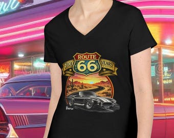 Route 66 Damen Shirt mit V-Ausschnitt, personalisiertes T-Shirt zum 100-jährigen Jubiläum