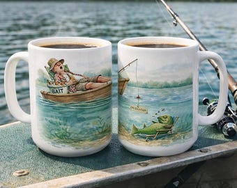 Lustiger Fischen-Becher, Fischer im Urlaub Grafik, Geschenk für Papa