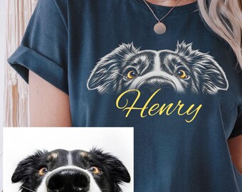Dog Sketch Shirt Custom Black and White Pet Drawing with Color Eyes, Comfort color Personalized Dog Name tee