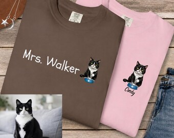 Custom Name Cat Shirt, Personalized Comfort Color Cat T Shirt, Photo Cartoon Cat Shirt, Teacher Gift