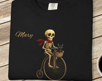 Skeleton Cat Shirt, Halloween Skeleton Comfort Colors T-Shirt: Skeleton Teacher Gift, Spooky Tee