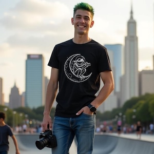 Frog on the Moon Photographer T-Shirt, Soft Graphic Tee for Photography and Space Lovers, Unique Gift Fun Design for Him or Her