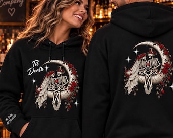 Custom Wedding Day Hoodie Til Death Sweatshirt Matching Tops Skeleton Bride Groom Gift  Goth Wedding Halloween Shirt Sleeve Name Date