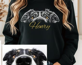 Custom Dog Sketch Shirt Black and White Pet Drawing with Color Eyes Sweatshirt, Personalized Dog Name Gift  DESCRIPTION